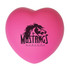 A pink heart-shaped stress reliever featuring a black logo on one side.