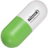 A capsule-shaped stress reliever in green and white, featuring a logo.