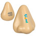 A beige stress reliever shaped like a nose, featuring text and a logo on its surface.