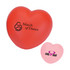 A red heart-shaped stress reliever and a smaller pink heart-shaped stress reliever, both featuring logos.