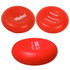 A red stress reliever in a circular shape, featuring a logo, with a smooth surface and slight sheen.