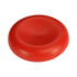 A red stress reliever shaped like a cell, with a smooth, rounded surface. It features a logo on one side.