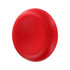 A red, round stress reliever featuring a smooth surface. It has a logo on one side.