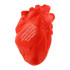 A small red heart-shaped stress reliever with a logo. It has a textured surface for squeezing.