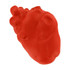 A red heart-shaped stress reliever with a smooth texture, featuring a branding logo.