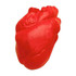 A red heart-shaped stress reliever made of soft material, featuring a detailed design and a branding logo.