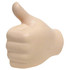 A beige, fist-shaped stress reliever with a thumbs-up gesture, featuring a smooth texture and a small logo.