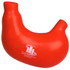 A red stomach-shaped stress reliever with a logo, designed as a fun stress relief product.