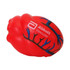 A red cardiac-shaped stress reliever with black and blue detailing and a logo on the surface.