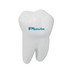A large white tooth-shaped stress reliever with a logo on it, designed as a keyring.