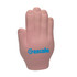 A pink palm-shaped stress reliever with a logo, designed for stress relief and fun.