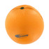 An orange-shaped stress reliever with a textured surface and a green leaf, featuring a logo on the base.
