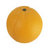 An orange-shaped stress reliever in bright orange with a textured surface and a green top.
