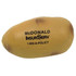 A potato-shaped stress reliever in light brown with dark speckles, featuring a logo on one side.