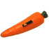 An orange carrot-shaped stress reliever with a green top, featuring a logo.