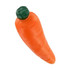 An orange carrot-shaped stress reliever with a green top, featuring a smooth, squishy texture and a logo.