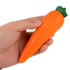 An orange carrot-shaped stress reliever held in a hand, featuring a green leafy top.