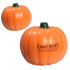 An orange pumpkin-shaped stress reliever with a green stem, featuring a logo on one side.
