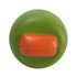 A green olive-shaped stress reliever featuring an orange accent, with a smooth texture and rounded design.