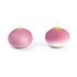 A pink and white onion-shaped stress reliever, featuring a smooth surface and rounded top. It has a small yellow tip.
