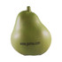 A green pear-shaped stress reliever with a smooth finish and a logo on one side.