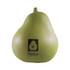 A green pear-shaped stress reliever with a logo, featuring a smooth surface and slight speckling.