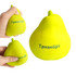 A yellow pear-shaped stress reliever held in a hand, featuring a logo on the side.