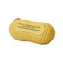 A yellow peanut-shaped stress reliever with a textured surface and a logo on the bottom.