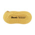 A yellow peanut-shaped stress reliever with textured detailing and a logo.
