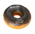 A donut-shaped stress reliever in brown and orange with a logo and contact information.