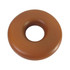 A brown donut-shaped stress reliever with a smooth texture and a central hole, featuring a logo.