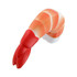 A shrimp-shaped stress reliever in vibrant orange, white, and red colours. It has a smooth, glossy finish.