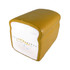A brown and white toast-shaped stress reliever with a logo on one side, featuring a soft, squishy texture.