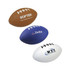 A set of three rugby-shaped stress relievers in brown, blue, and white, each featuring different logos.