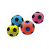 Four football-shaped stress balls in vibrant colours: blue, pink, yellow, and orange, featuring black pentagon designs.