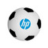 A 63mm football-shaped stress reliever in white and black, featuring a logo on the surface.