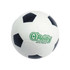 A 98mm football-shaped stress reliever in white and black, featuring a logo on its surface.