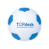 A white football-shaped stress reliever with blue panels and a logo on the surface.