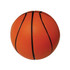 An orange basketball-shaped stress reliever with textured surface and black lines. It has a logo.