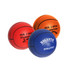 A set of three 100mm basketball-shaped stress relievers in red, orange, and blue, featuring various logos.