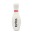 A white bowling pin-shaped stress reliever with red stripes and a logo.