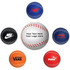 A collection of colourful baseball-shaped stress relievers in red, blue, orange, and white, featuring various logos.