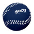 A navy blue baseball-shaped stress reliever featuring white stitching and a logo.