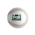 A white stress ball shaped like a baseball, featuring red stitching and a logo.