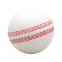 A white stress ball shaped like a cricket ball, featuring red stitching details and a smooth surface.