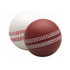 A red and a white cricket ball shape stress reliever, featuring stitched details. Both have a smooth finish and a logo.