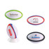 A collection of four stress rugby balls, featuring various colours and logos, with a mix of designs including green, blue, and red accents.