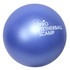 A blue 50mm stress ball featuring a logo, with a smooth, shiny surface.