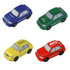 Four sedan car-shaped stress relievers in blue, green, yellow, and red, each featuring a logo on the surface.