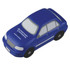 A blue sedan car-shaped stress reliever with a logo on the side, designed for fun and stress relief.